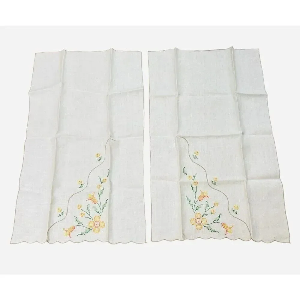 Vintage Embroidered Yellow Orange Flower Linen Tea Towels Set 2 Floral 19 x 12